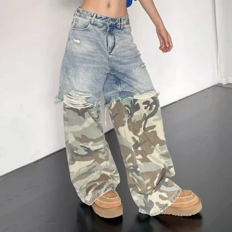 Jeans Men's and Women's Camouflage Patchwork Washed Hole Design Jeans 2025