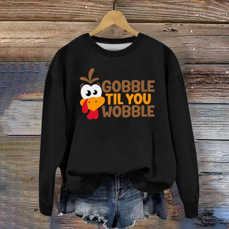 Thanksgiving Turkey Sweatshirt Women's Round Neck Fun Chicken Pattern Gratitude Blessing T-shirt Top