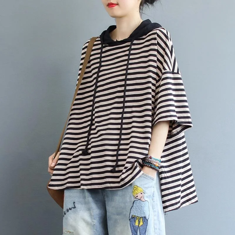 

plus Size Women's Loose Fit ort Sve Hoodie Striped Casual T-irt Summer Faion Korean Sle round Ne Cotton Tee