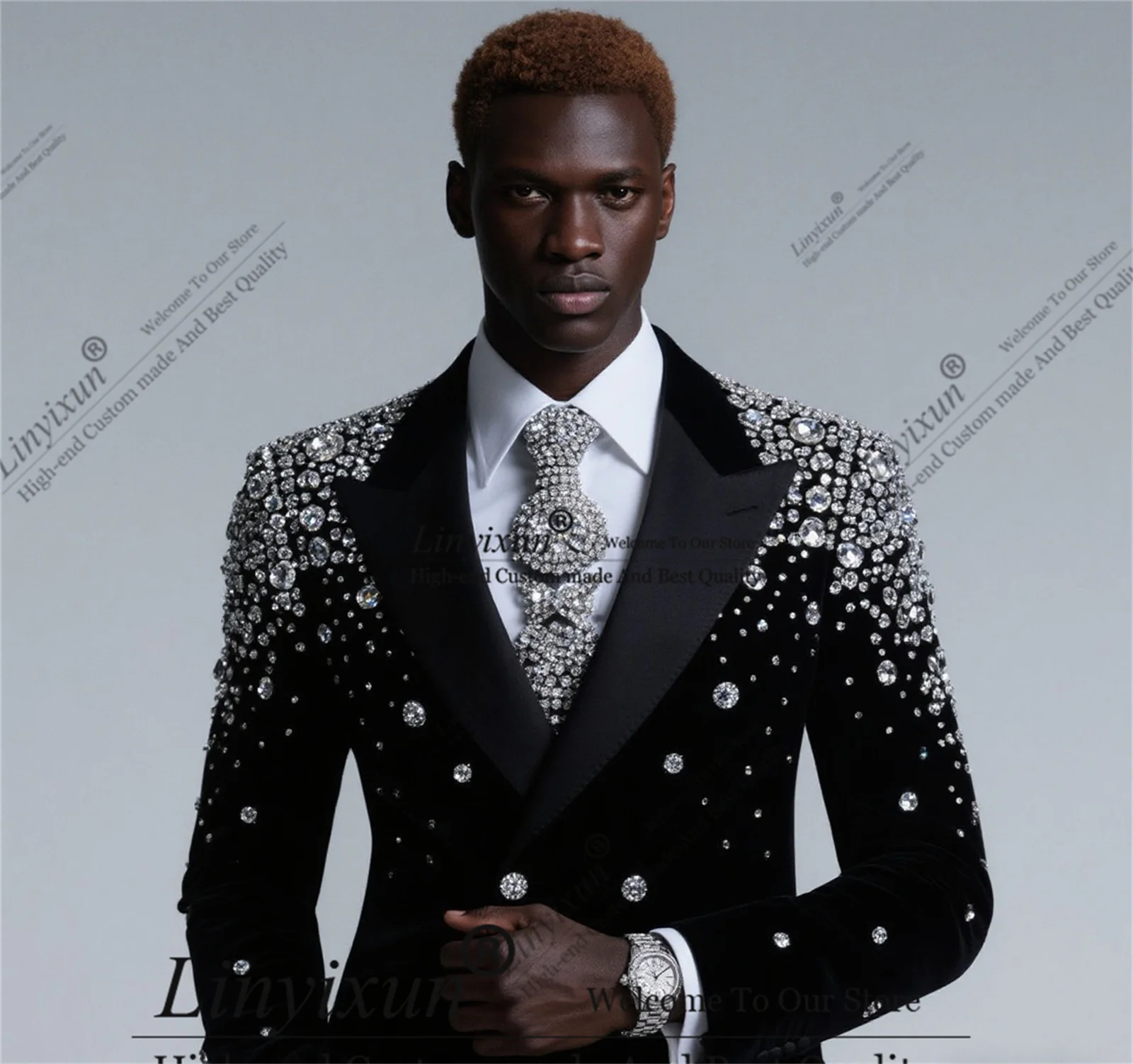 

High End Diamond Rhinestoner Ornament Tuxedos Men Suits 2 Pieces Sets Groom Prom Blazers Customized Wedding trajes para hombre