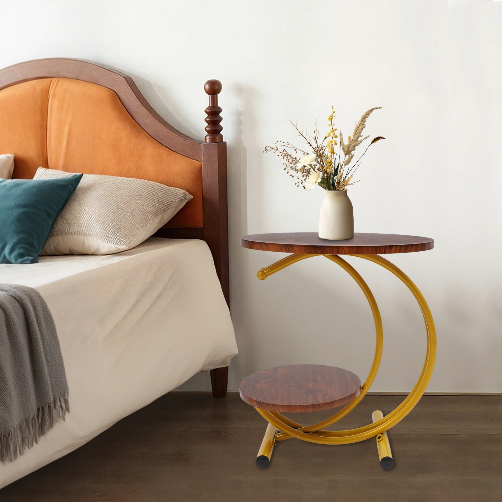 Clearance Sale 2-Tier Round End Table 55x55x60cm Gold Walnut with Storage Shelf Metal Frame Side Table with Hardware for Living Room Bedroom Office Home Decor