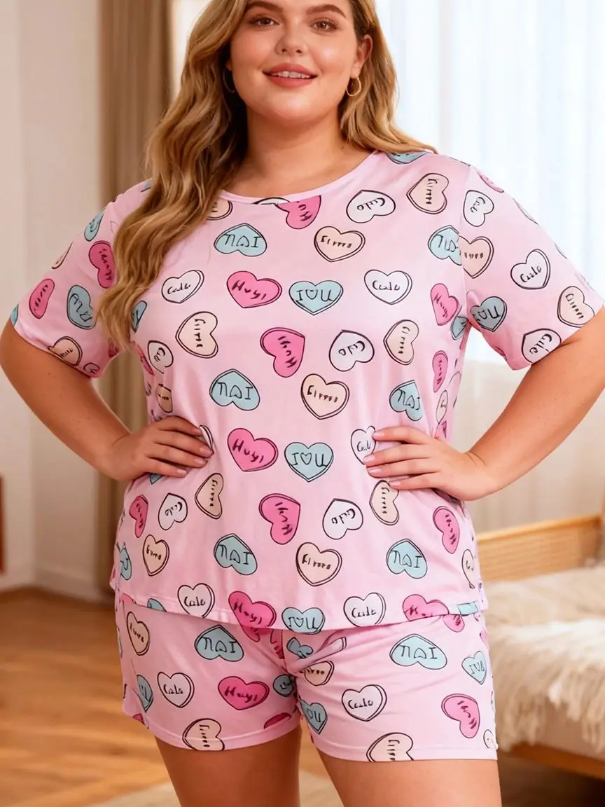 

Plus-size casual ladies' heart-shaped printed round-neck short-sleeved T-shirt + shorts home wear pajama set