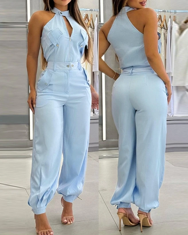 2025 Sexy Elegant 2 Pieces Sets Womens Outfits Sleeveless High Neck Cargo Pockets Design Top and Casual Cuffed Long Pants Set