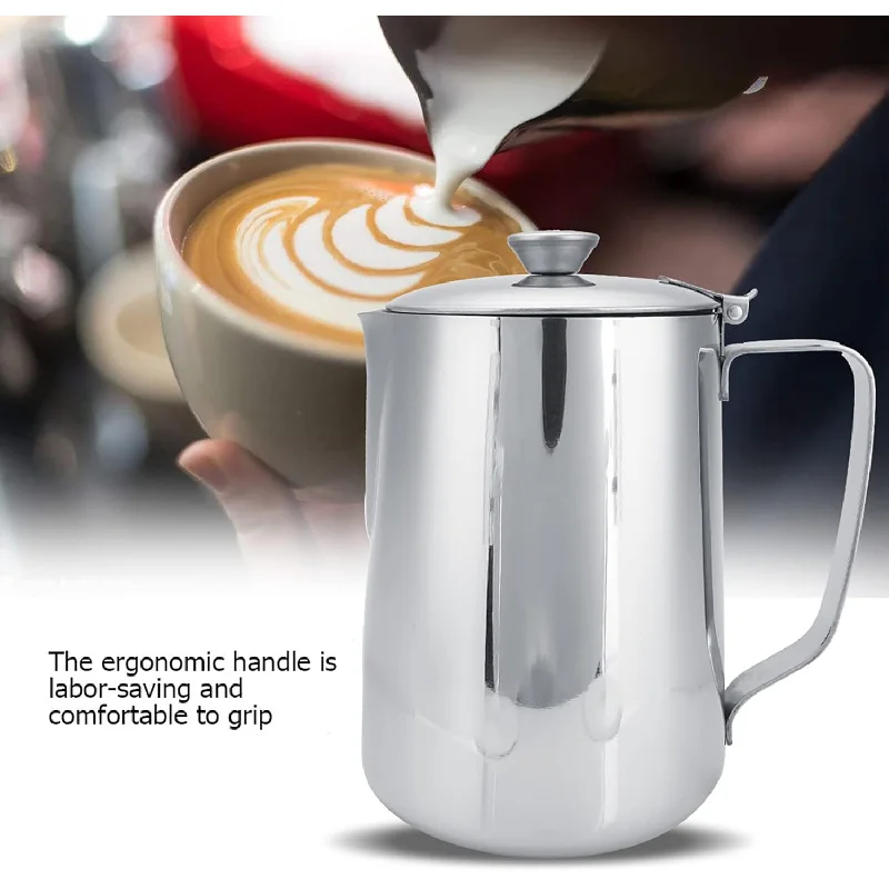 

Large capacity stainless steel latte cup with lid, thickened pointed spout, milk frother, coffee pot for household use