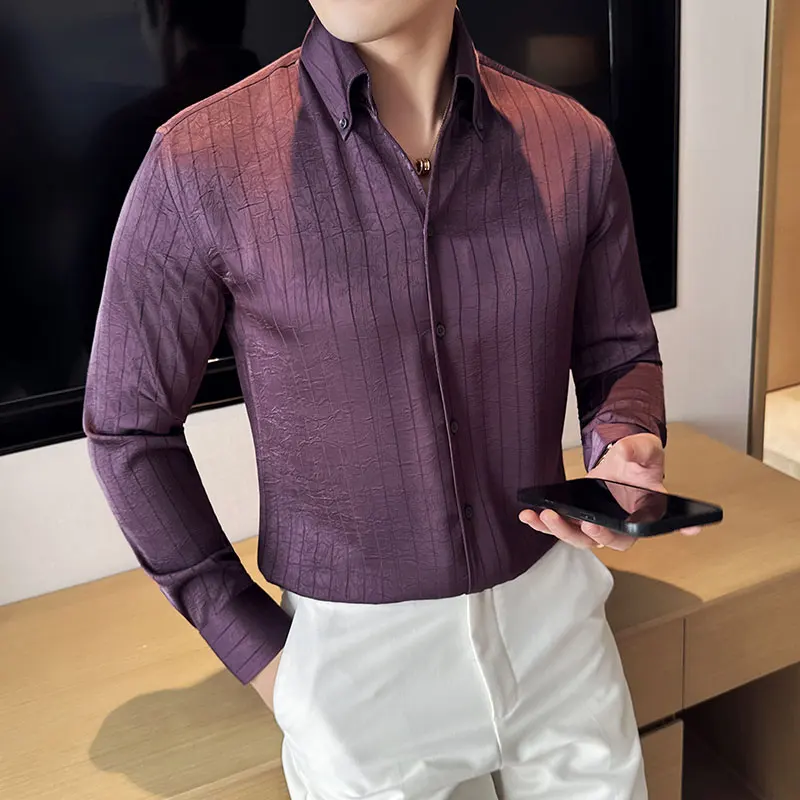 Men's High-Grade Draping Fabric, Pleated Striped Long-Sleeved Shirt, Gentleman Business Casual Fashion Top, Office Daily Wear