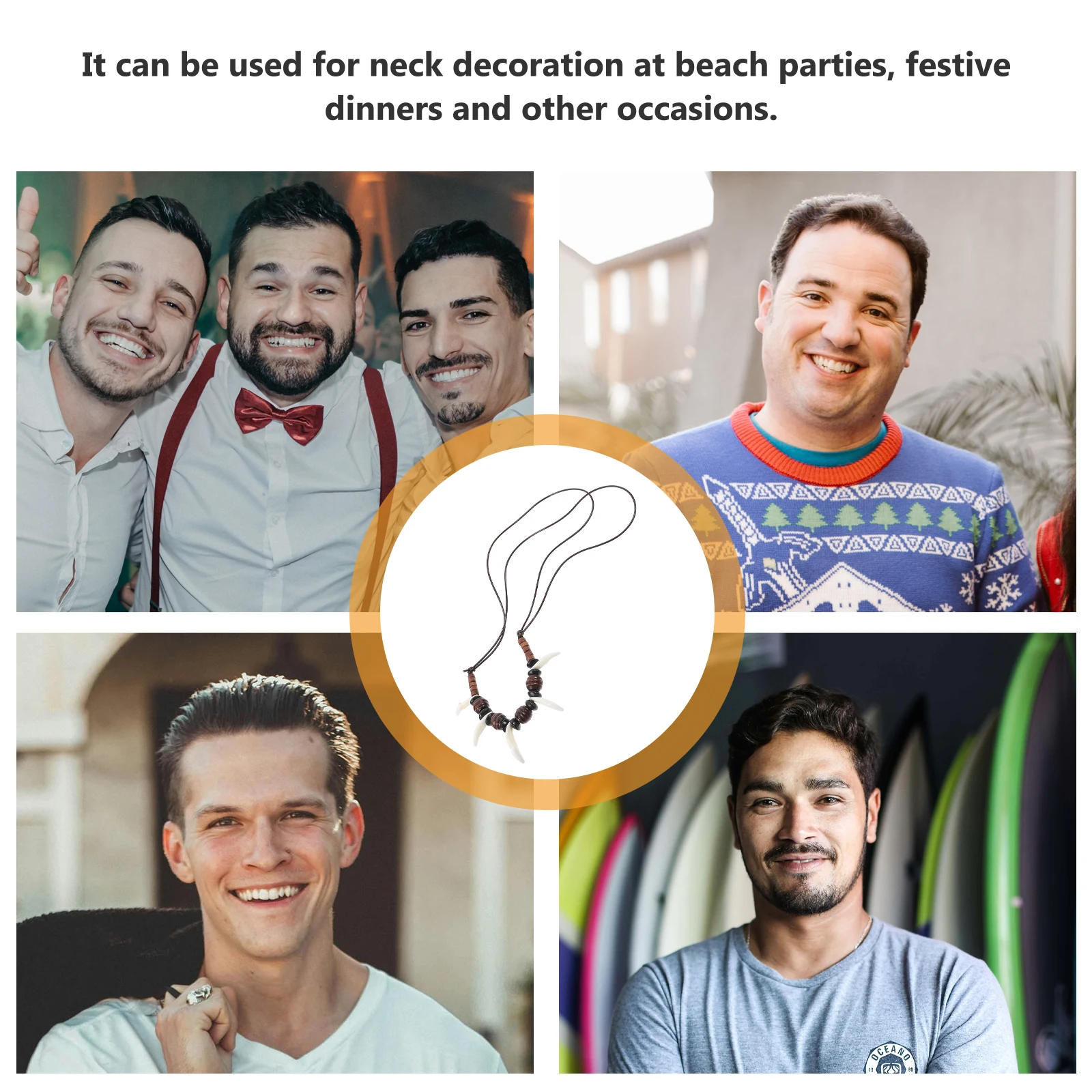 Collana con lupo Catena con ciondolo Fang in acrilico Stile tribale Perline Stringa di cera bianca regolabile Collane di gioielli da surfista maschile