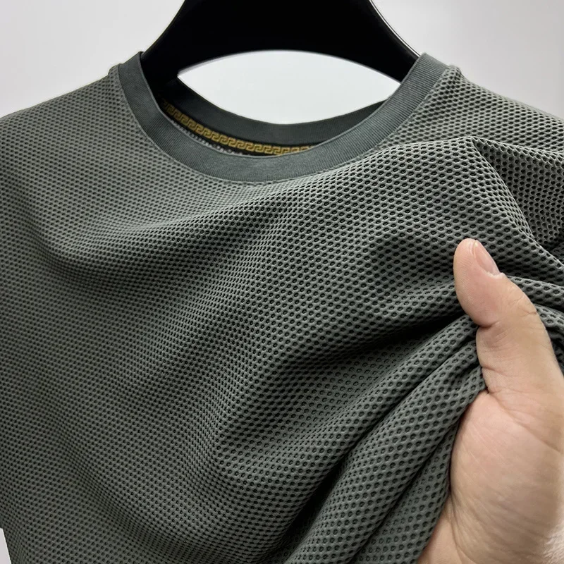 Summer Ice Silk Mesh T-Shirt Men Short Sleeve Round Neck Casual Breathable Hollow Sweat-absorbing Thin Solid Tees Top