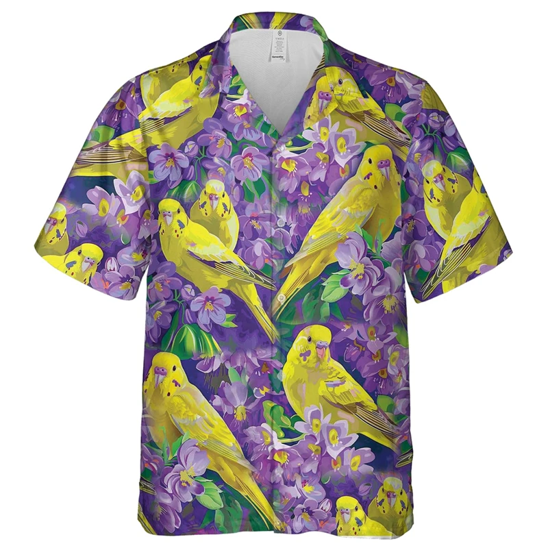 Fashion Flower Bird 3D Printed Beach Shirts Mildly Florals Short Sleeve Animal Plants Lapel Blouse Cute Frog Birds Button Shirt