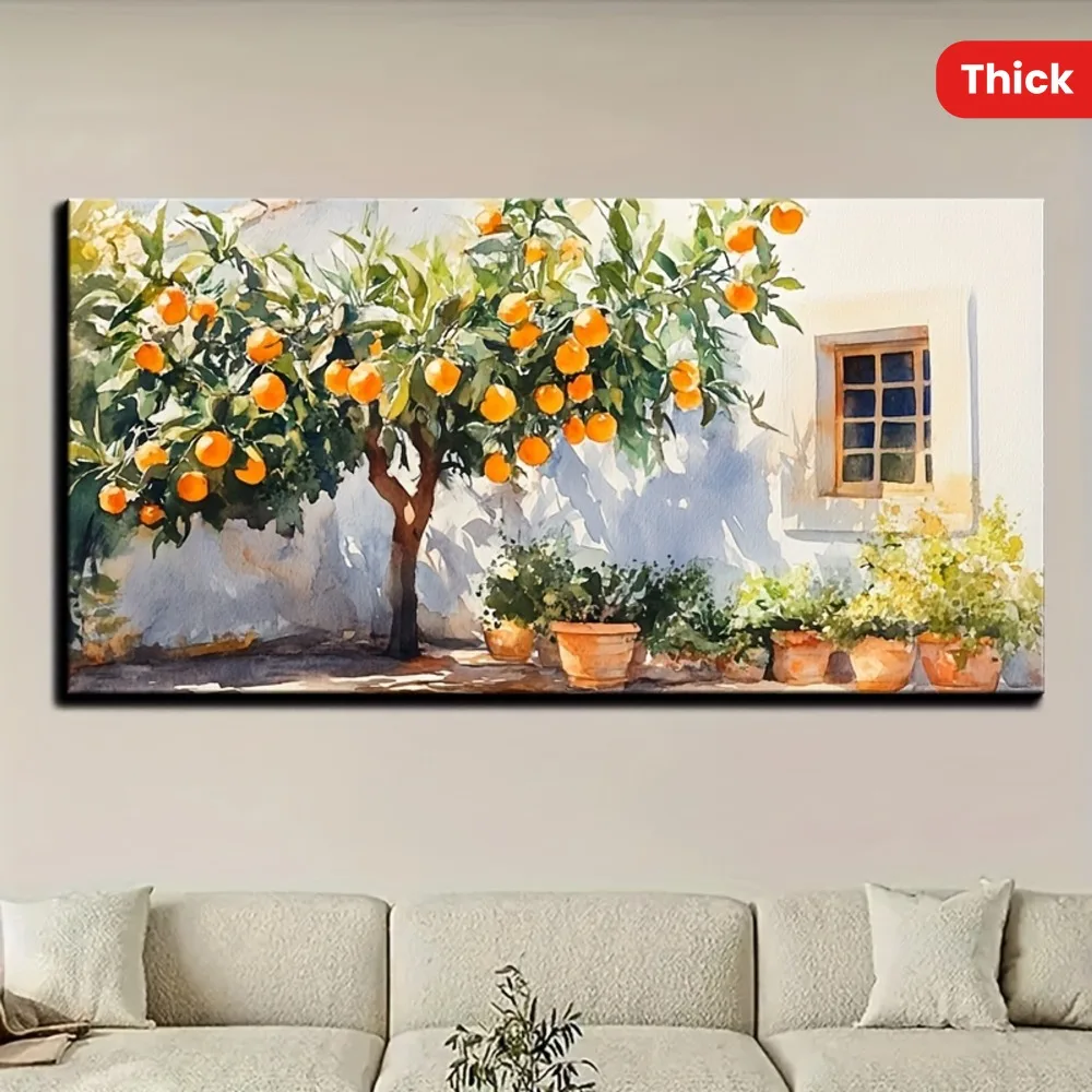 Arte Vintage, decoración de pintura de árbol y puerta naranja, colgante de pared de naturaleza rústica de cabaña, marco de madera maciza de pino de 1,5 pulgadas de grosor