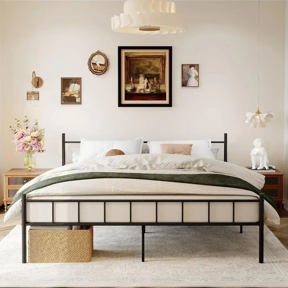 Estrutura de cama queen size de 14 espaços, estrutura de cama de plataforma de metal clássica-base de colchão, suporte de ripas de aço, armazenamento sob a cama, sem caixa