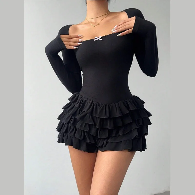 Ins Style Fashion Ruffles Cuciture in pizzo Tinta unita Classico dimagrante Manica lunga Decorazione torta Abito per donna Stile Y2K