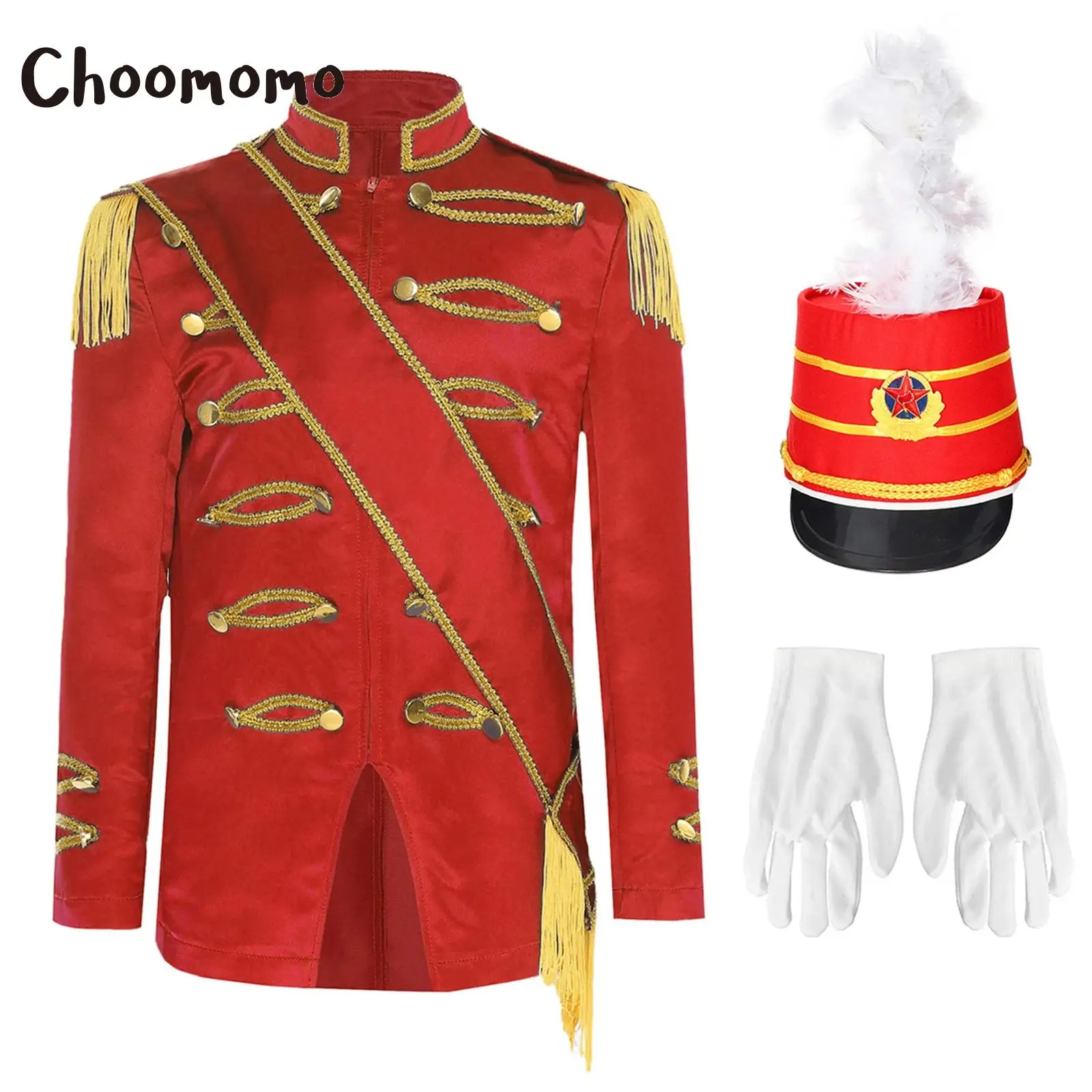 

Boys Halloween Nutcrackers Costume Set Drum Band Uniform Trumpet Zip-Up Tassel Ringmaster Jacket Coat +Sash Hat Gloves Outfits