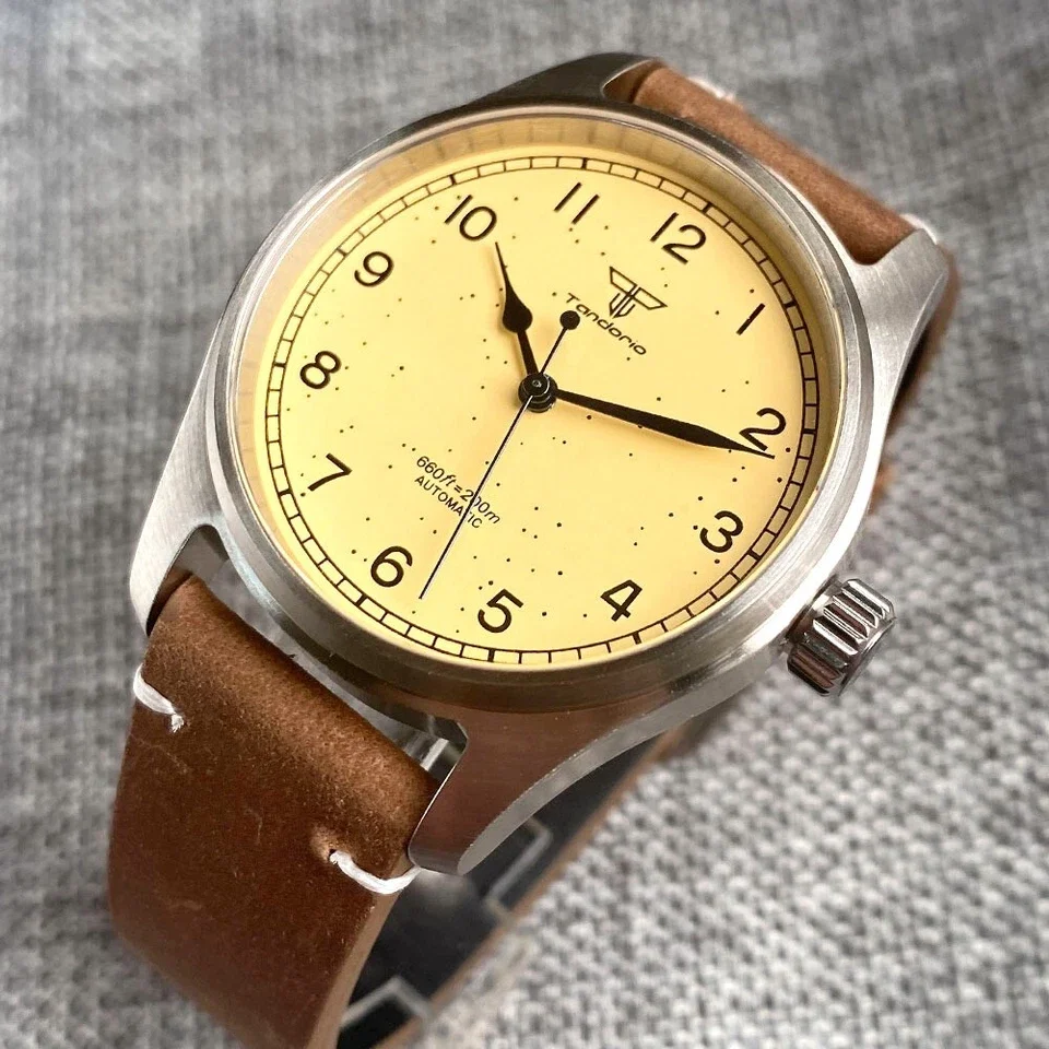 Tandorio 39mm Yellow Dial Arabic Numerals NH35A Automatic 200m Pilot Diver Mens Watch Sapphire Glass 316L Stainless Steel Case