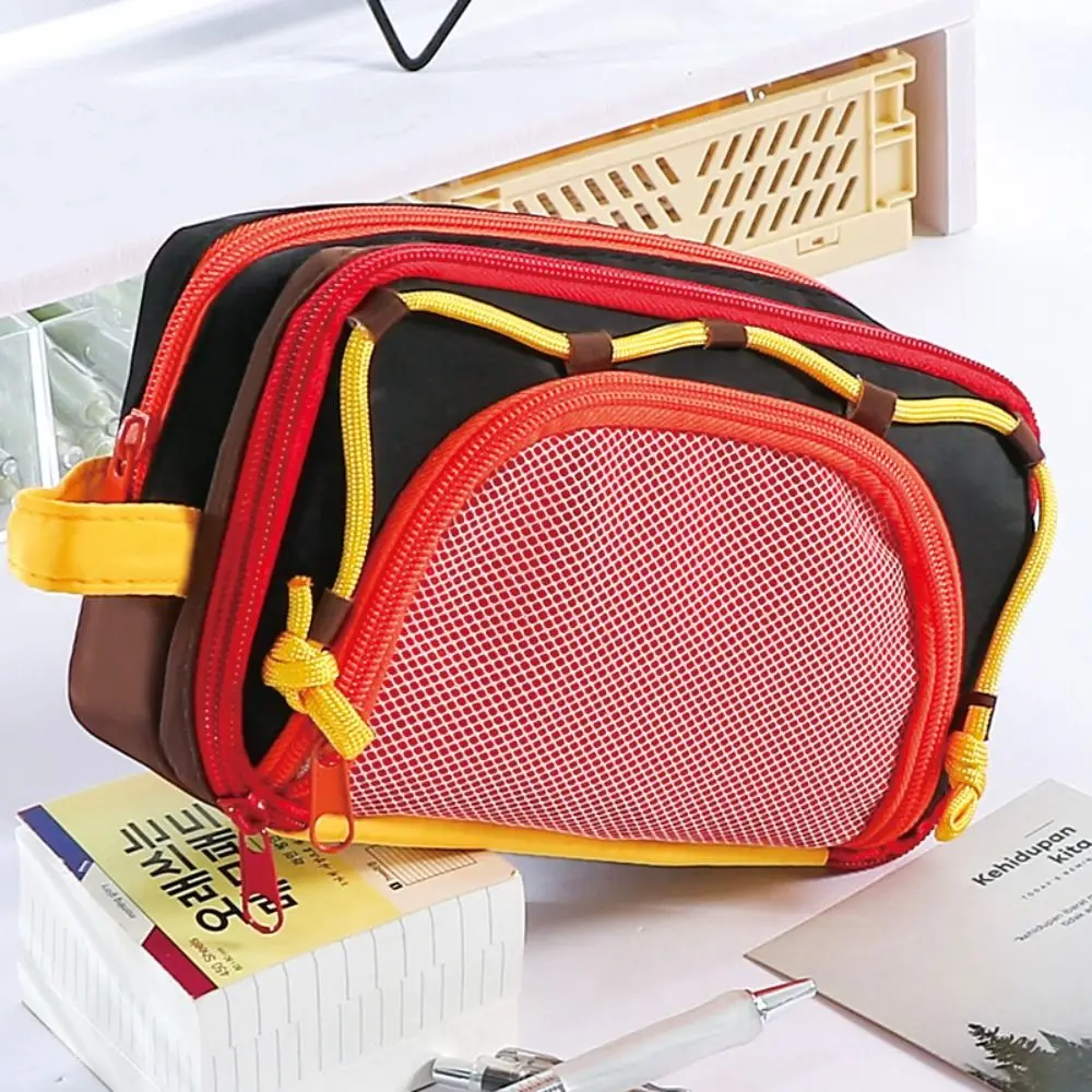 Multifunctional Contrast Color Pen Bag Drawstring Design Large Capacity Stationery Bag Eight Layers Pencil Case School Office
