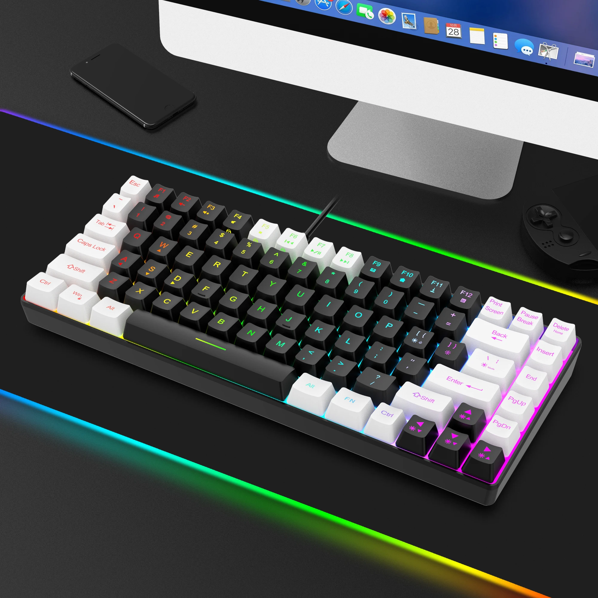 G84 Wired computer keyboard 84 key RGB Luminescent pluggable cable keyboard character Luminescent color keyboard