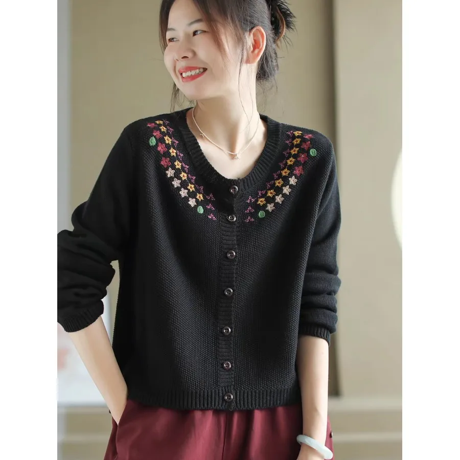 

Вязаный открытый кардиган с вышивкой в стиле ретро, длинный круглый повседневный топ Ne, однотонный, ранняя осень 2022, женский топ на одной пуговице