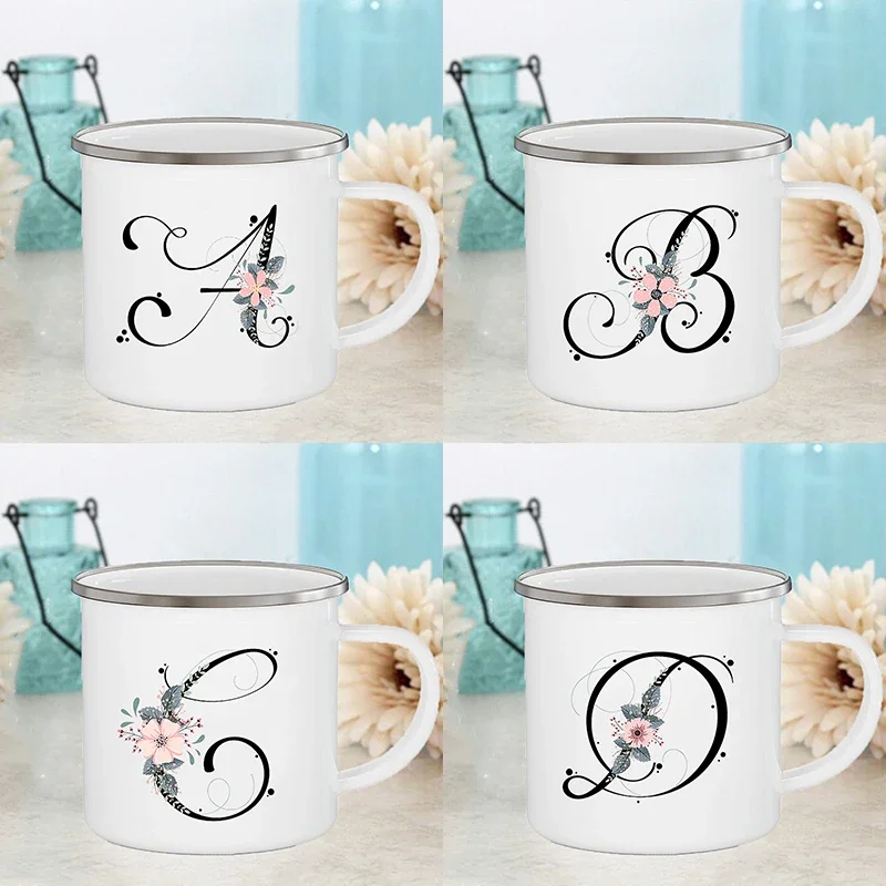 Letter Flower Mugs Wedding Creative Coffee Wine Cups Drinks Dessert Milk Juice Cup Enamel Mugs Handle Drinkware Bridesmaid Gifts