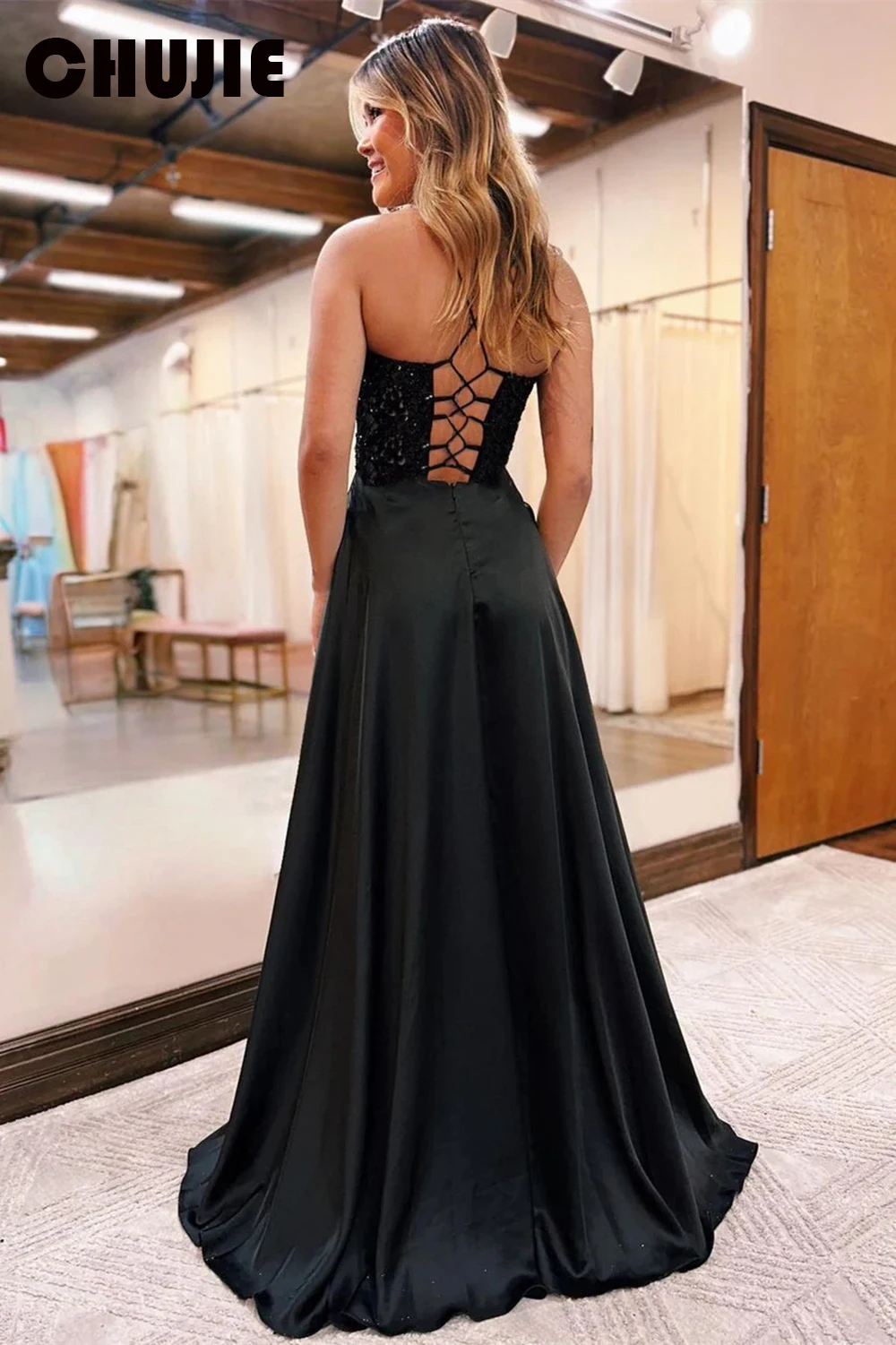 블랙 새틴 아플리케 신부 어머니 드레스 여성용 V넥 볼 가운 이브닝 드레스 웨딩 파티 프롬 맞춤 제작