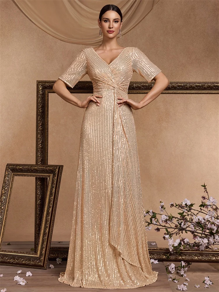 BLUEPLUM Luxury Floor Length V-Neck Gold Evening Dress Women Elegant Party Maxi Dress Sequin Short Sleeves Prom Cocktail Gowns