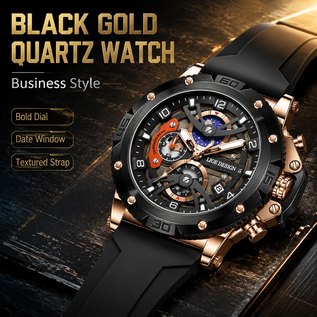 

LIGE Men Quartz Watch Silicone Strap Moon Phase Chronograph Wristwatch Waterproof Luminous Male Sports Business Watch Gift+BOX