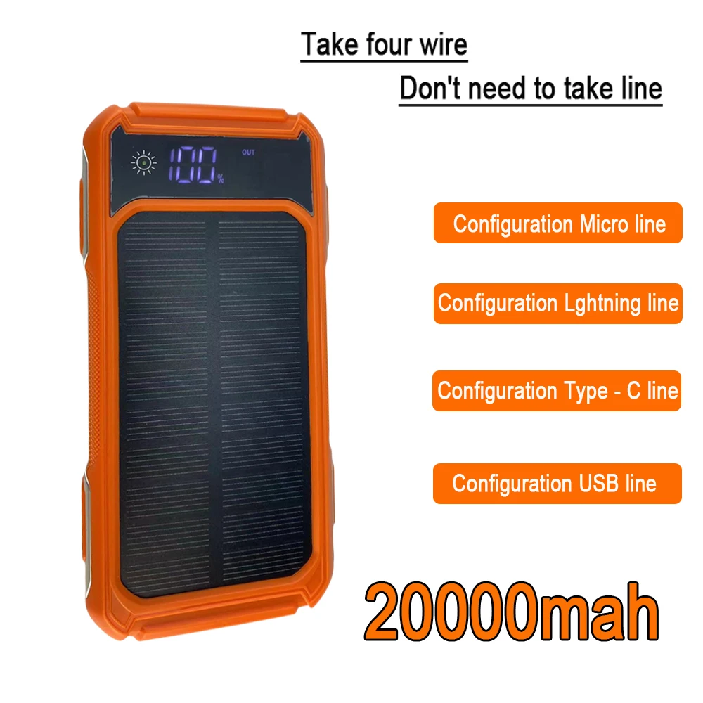 

20000mAh Solar Power Bank with Cable Type C Fast Charging External Battery Charger for iPhone 12 Samsung Huawei Xiaomi Powerbank