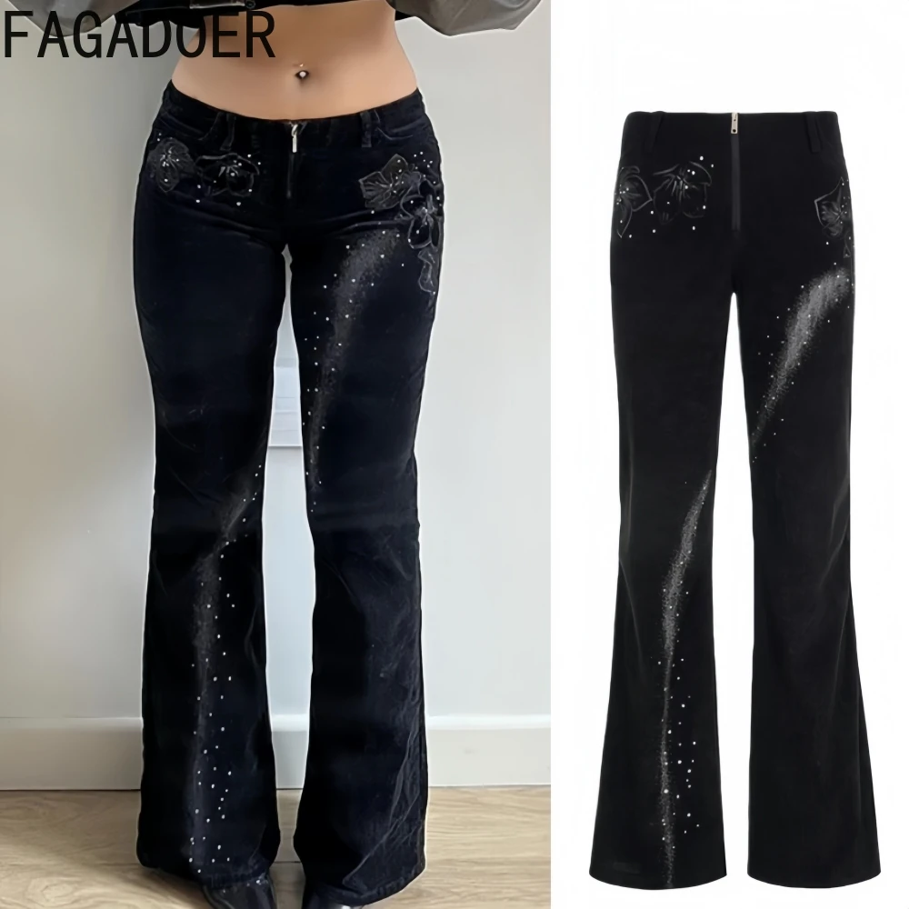 

FAGADOER Y2k Fashion Rhinestone Patchwork Pants Woman Solid Color Sparkling Flare Pants Female Streetwear Bottoms Winter New