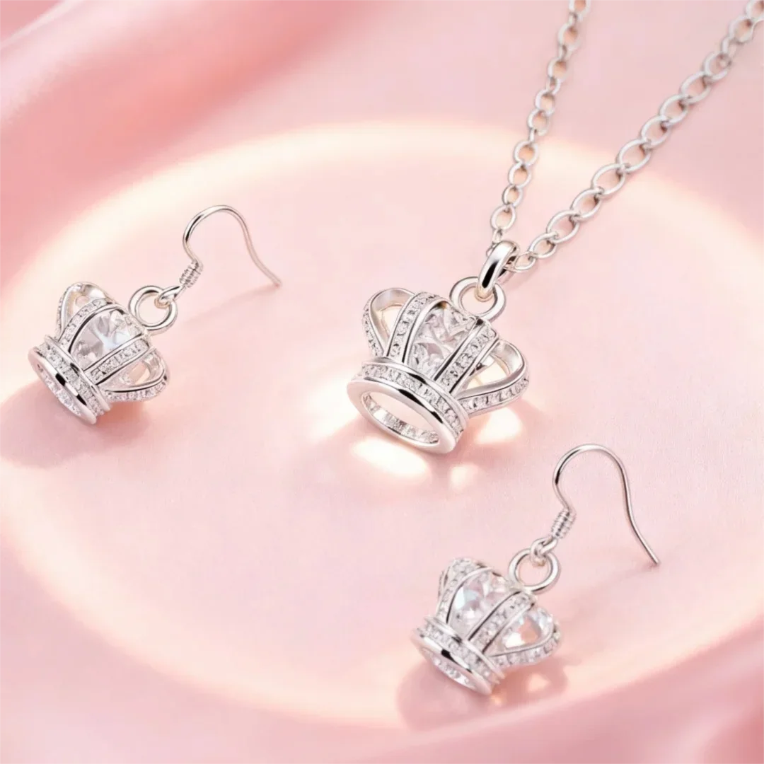 

wholesale 925 Sterling Silver trend crystal crown pendant necklace earring Jewelry sets for Woman lady fashion Holiday gifts
