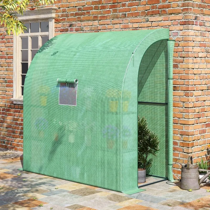 7' x 3' x 7' Lean to Greenhouse, Walk-in Green House, Plant Nursery with 2 Roll-up Doors and Windows,