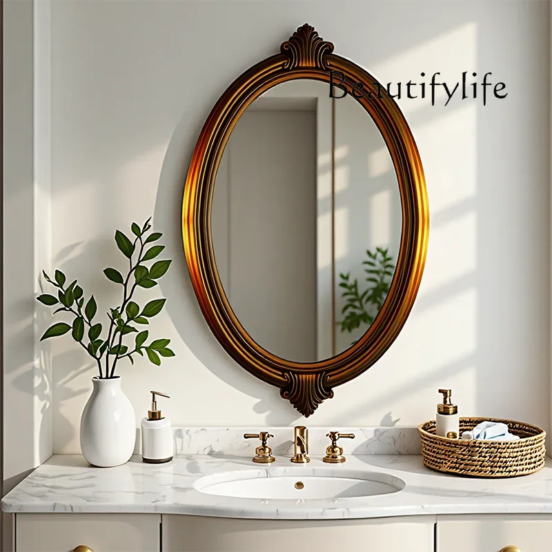 DDS French Retro Carved Bathroom Mirror European High-end Living Room Entrance Wall-mounted Decorative Mirror Light Luxury