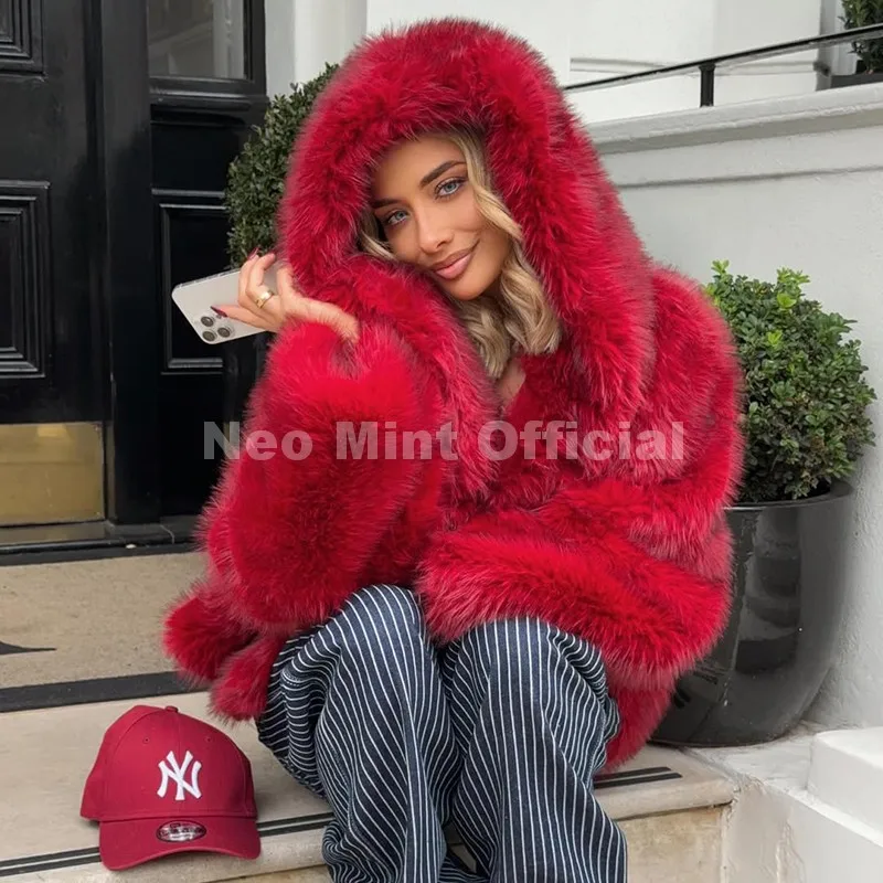 Neo Mint Y2k Brand Fashion Christmas Red Hooded Faux Fur Coat