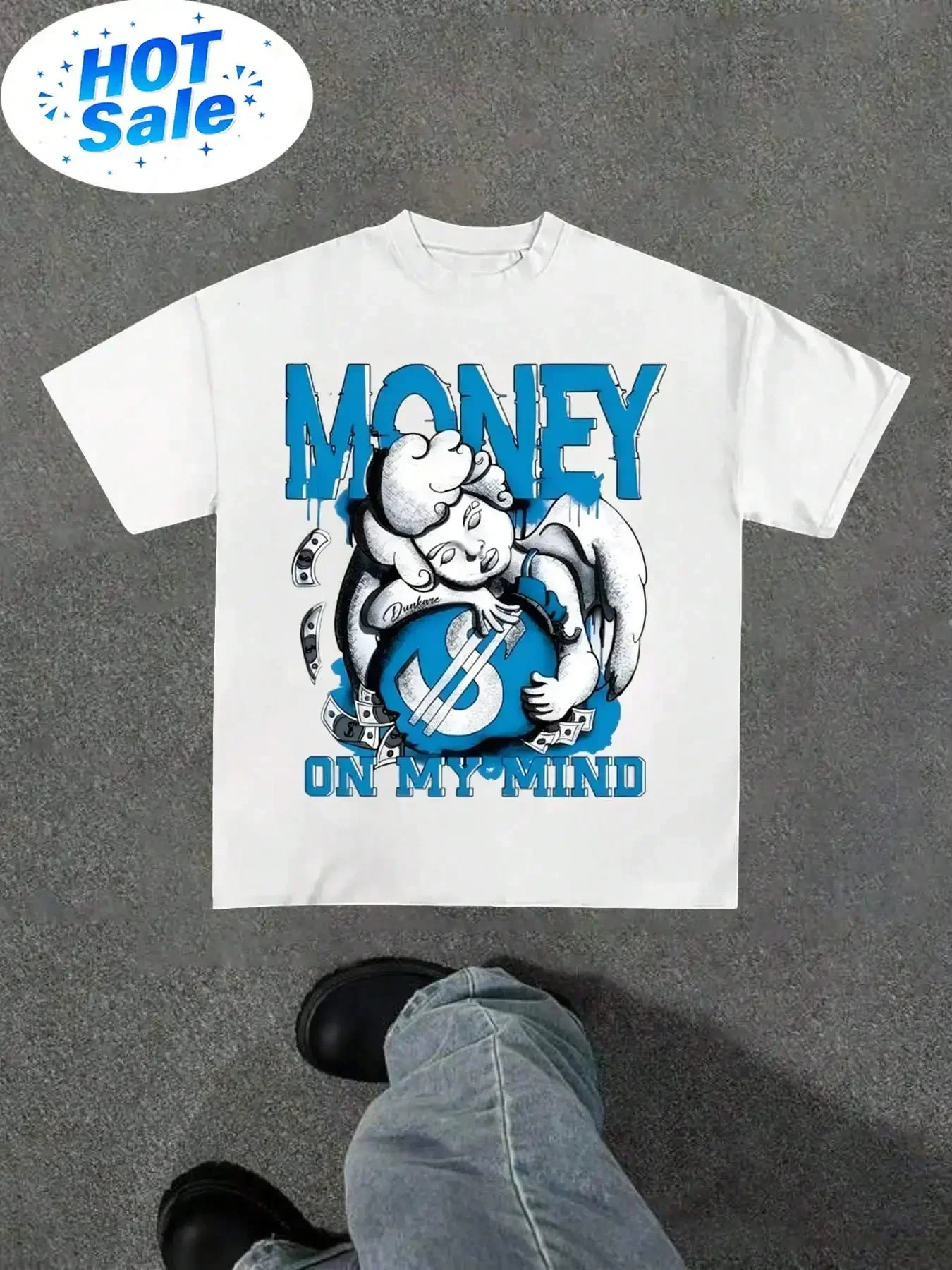 (220 Pure Cotton T-Shirt) White Graphic Tee With Blue Money-Themed Angel Print, Men's T-Shirt, Men's Casual, Comfortable, Fashio