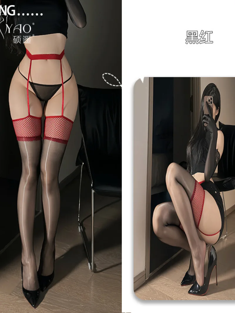 2025 مثير النفط لامعة أورورا سلسلة شبكة الحمالات قطعة واحدة الجوارب النساء عالية المرونة رقيقة جدا شير سليم جوارب الحرير FH69