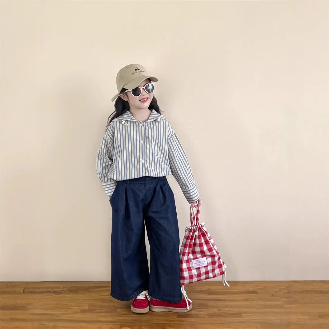

Girls Spring and Autumn Korean Striped Hooded Long Sleeve Shirt High Waist Straight Wide Leg Soft Jeans Cover