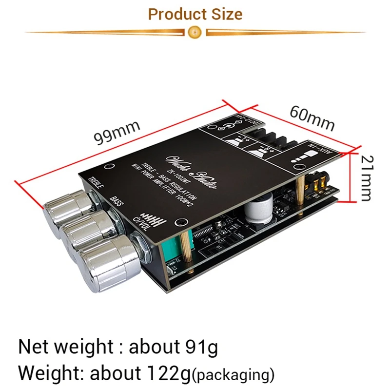 블루투스 5.0 하이파이 2.0 채널 파워 오디오 스테레오 앰프 보드 모듈, 100W + 100W 트레블 베이스 노트 튜닝 앰프 ZK-1002MT