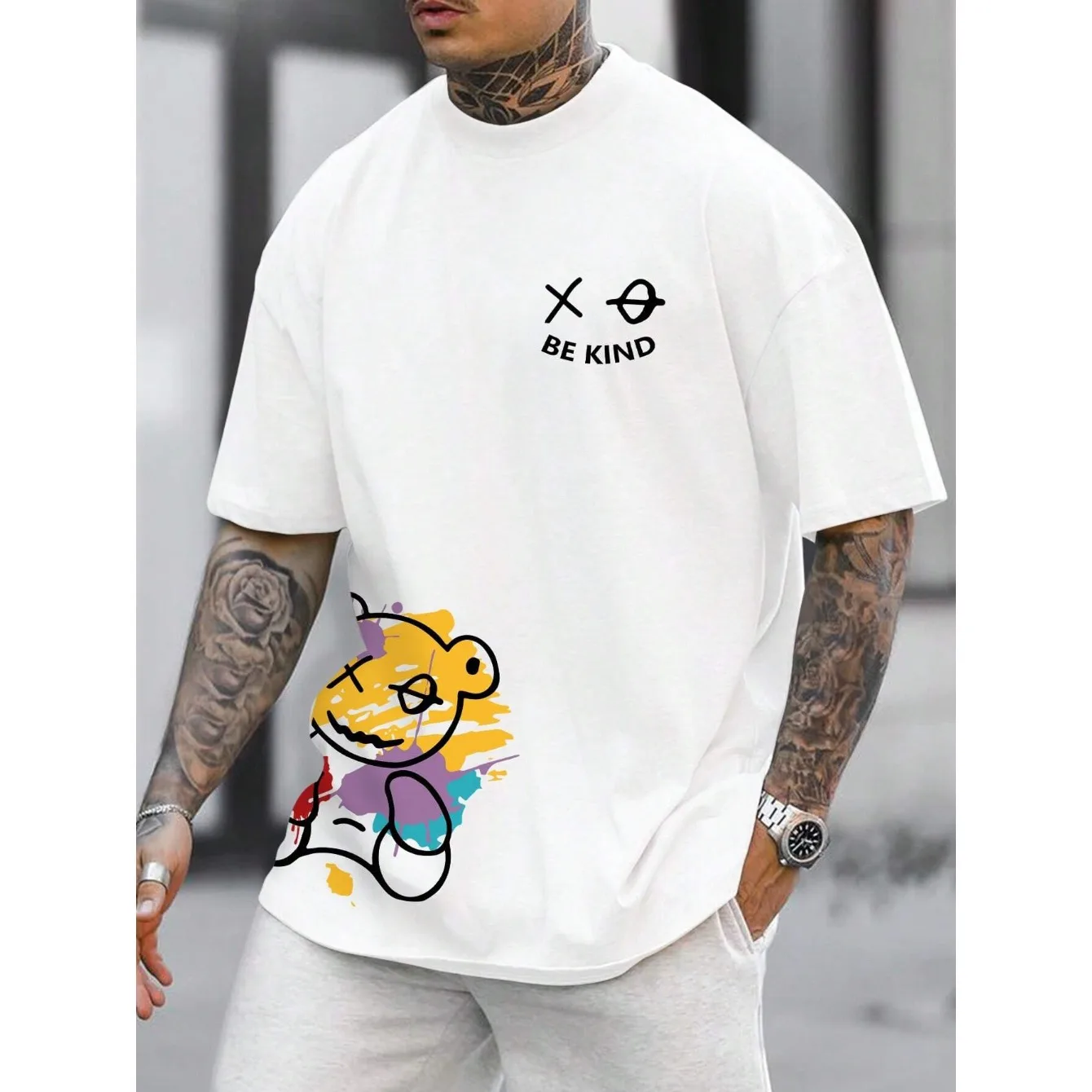 Men\'s 100% Pure Cotton Summer Loose Size BE KIND Letter Cartoon Print Casual Comfortable O Neck Short Sleeved T-shirt Top