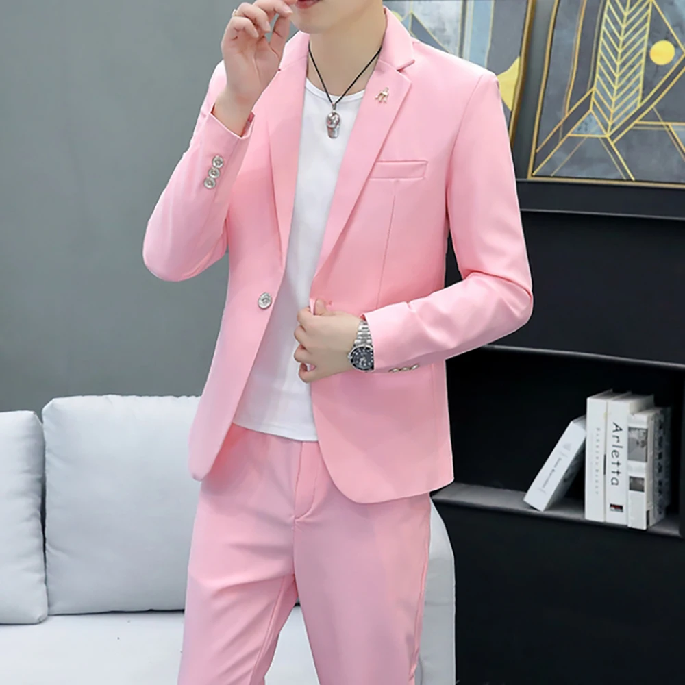 

Full Men's Suit Summer Pink Slim Blazer Pants 2 Pieces Sets Elegant Formal Party Business Wedding Male Suits Bleize Masculino