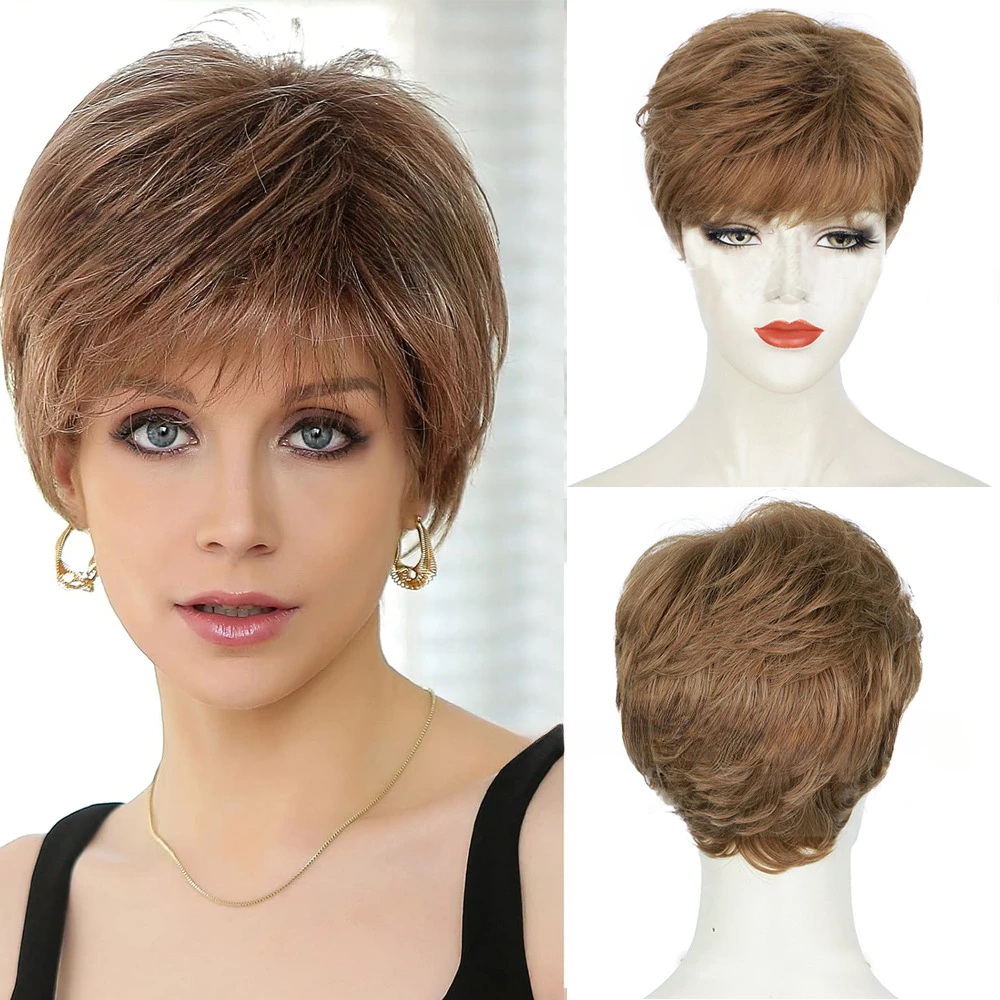 

White women's fluffy light brown short banged synthetic fiber headband short wigs