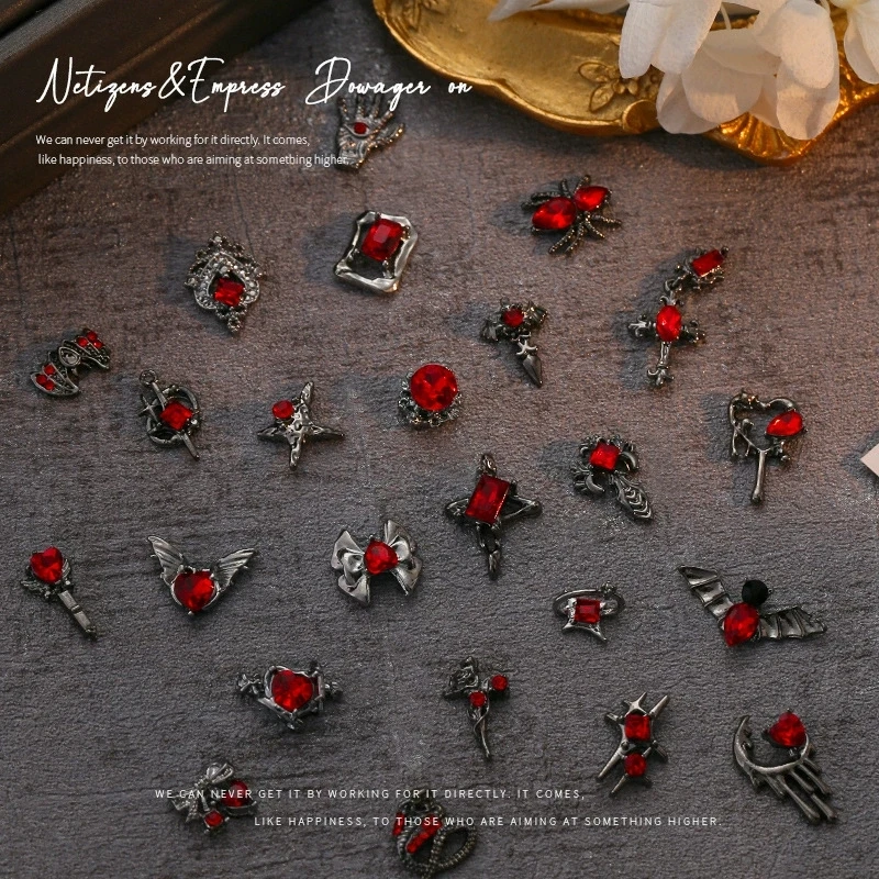 10pcs/bag Nail Accessories Dark Style Retro Metal Cross Heart Skull Alloy Nails Decoration