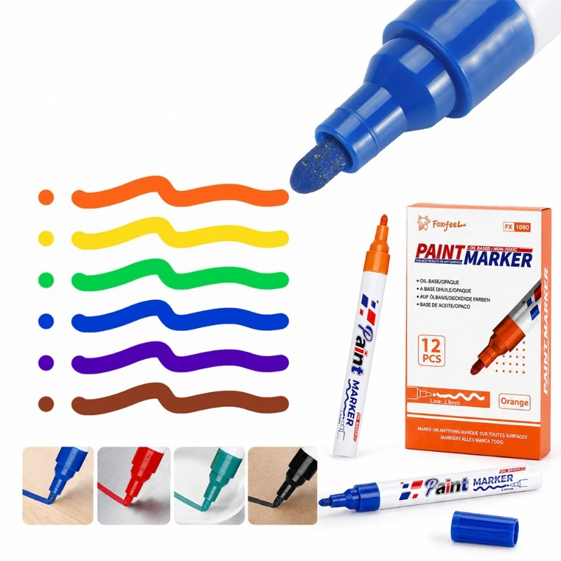 12 ColorsOil Based Paint Marker Waterproof Wear Resistant Permanent Pen Fade-proof for Car Touch Up Metal Surface Marking