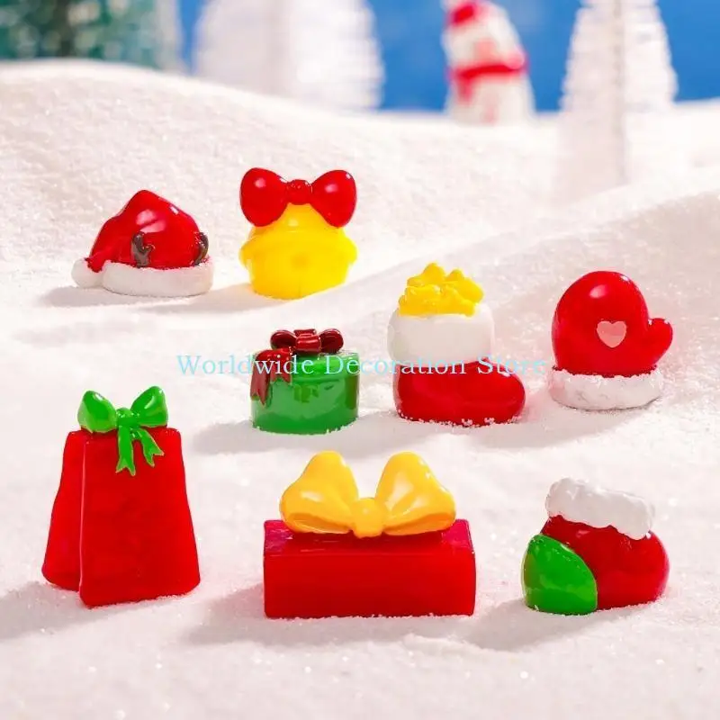 Q39B 8PCS Miniature Scene Ornament set，Miniature Christmas hats, stockings and gifts, Bells Ornament Desktop Decorations