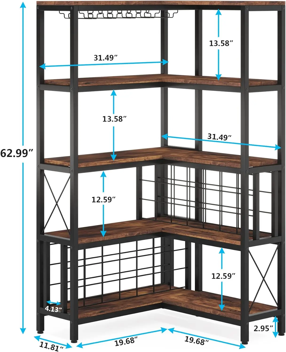 Cremalheira de canto, 5 níveis armários de bar em forma de l, para armazenamento de bebidas e copos, para casa, cozinha, sala de jantar, marrom rústico