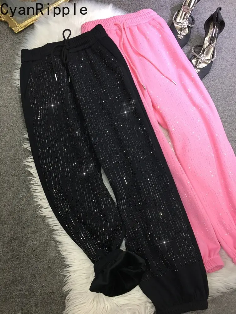 

Thicken Fleece Female Sweatpants All-match Autumn Winter Casual Harem Pants Shiny Hot Diamonds Elastic Waist Sports Trousers