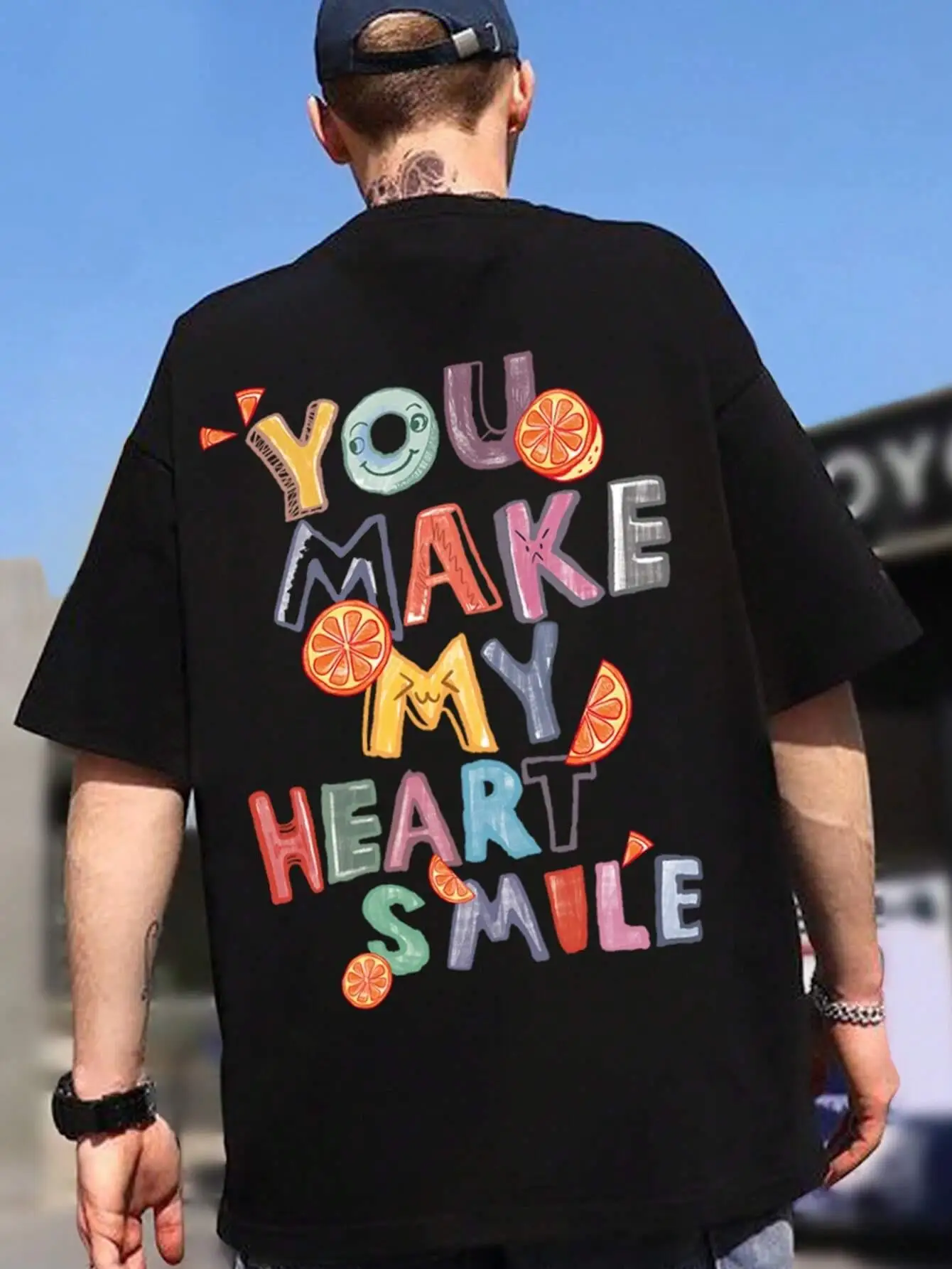 You Make My Heart Smile Fruit Letter Graphic T-Shirt Men Loose Casual Short Sleeve Summer Tshirt Harajuku Breathable Cotton Tees