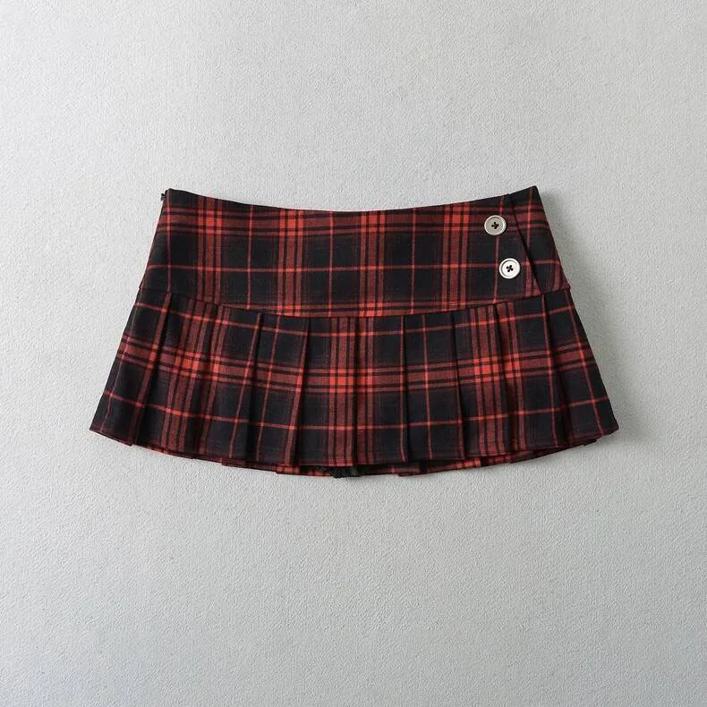 JMPRS Plaid Mini Skirt Women Summer Vintage Y2K Skirt Ladies Korean Fashion Preppy Style Red A Line Pleated Skirt Jk Button