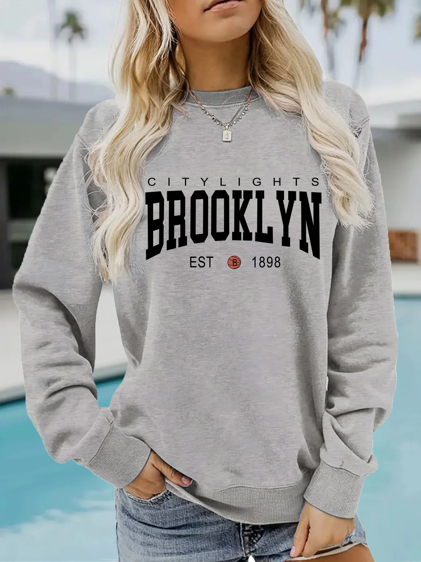 가을과 겨울 여성 캐주얼 긴팔 라운드넥 BROOKLYW 프린트 풀오버 스웨트셔츠 및 후드티