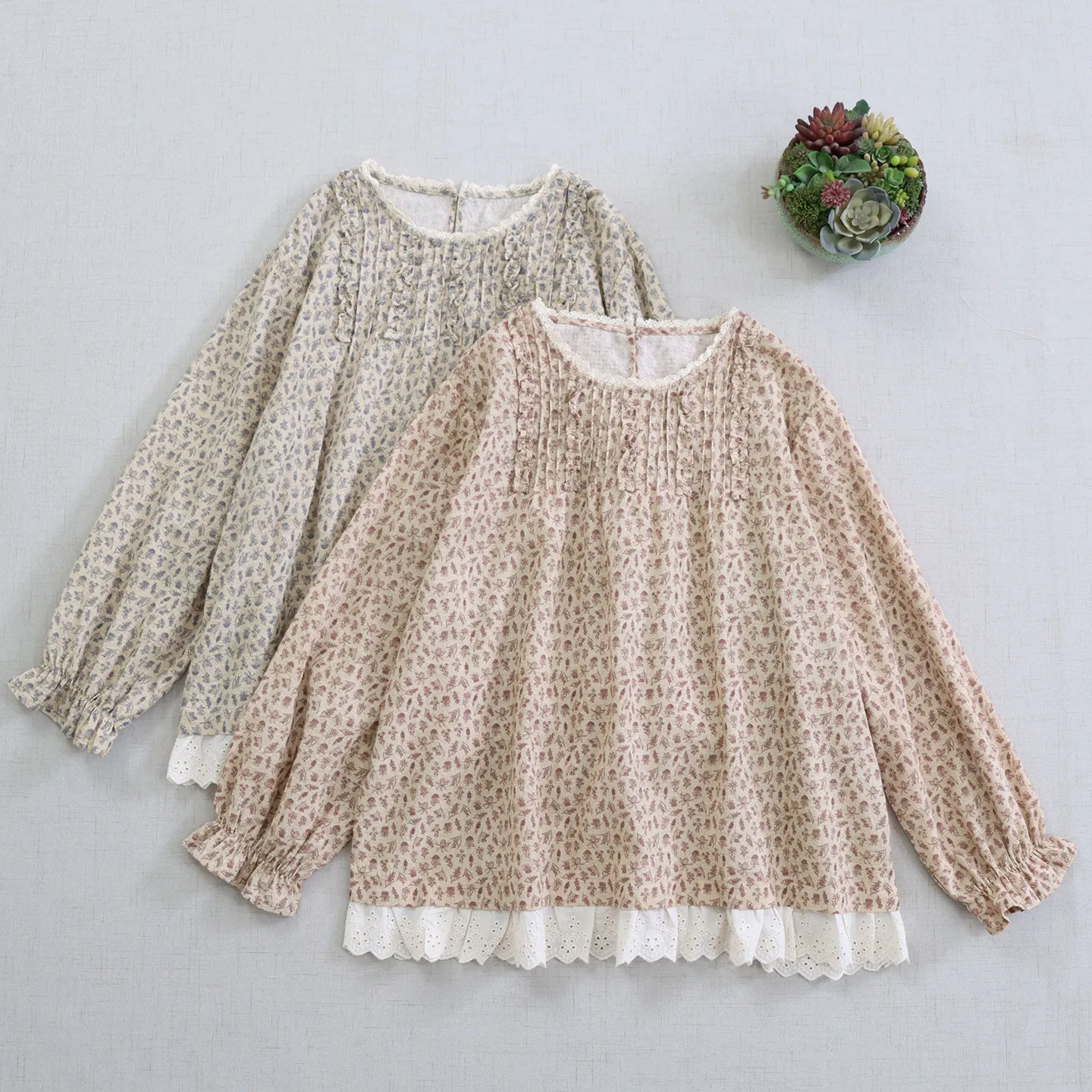 

Японская винтажная хлопковая рубашка в стиле Mori Girl с цветочным принтом и пэчворком, женская, весна-осень, с круглым вырезом, длинным рукавом, повседневная свободная блузка-топ