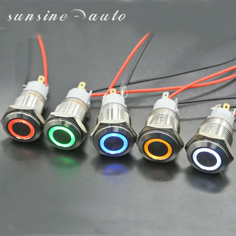 50PCS Waterproof stainless steel Blue/Green/red/yellow 12V 16mm LED Power Push Button Switch Silver Momentary Type