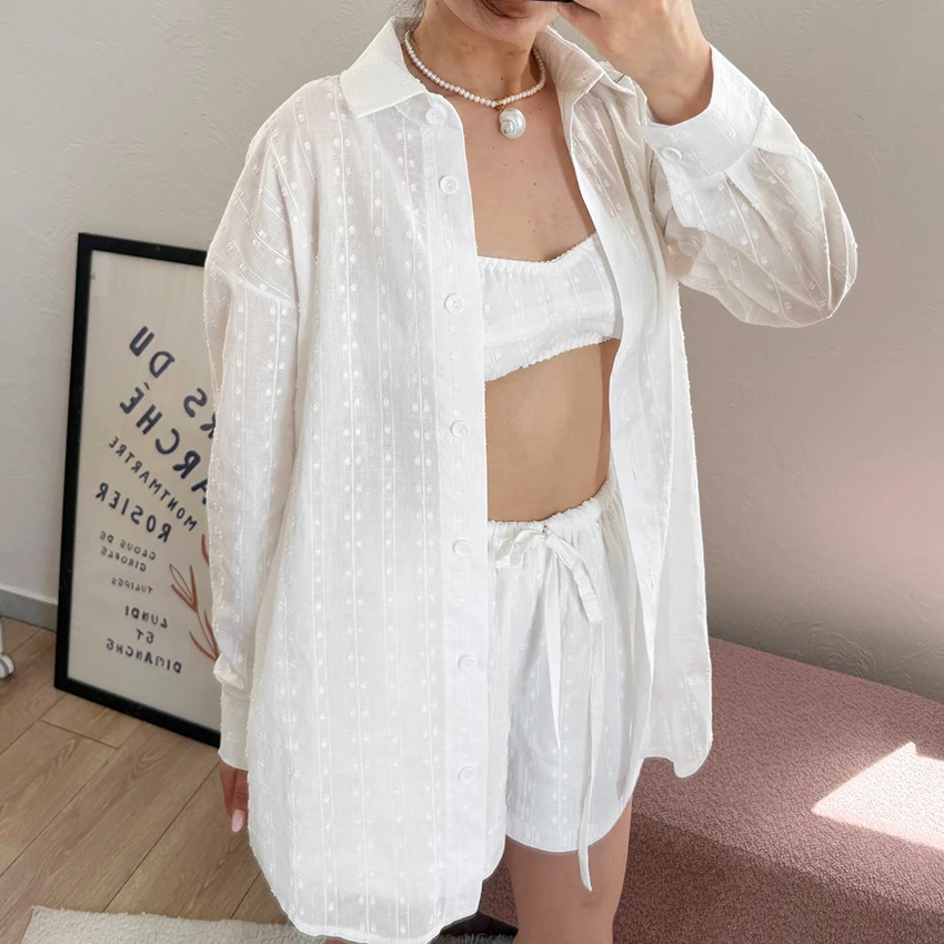 HiLoc White Casual Ladies' Pajamas Three-Piece Long Sleeve Lapel Single-Breasted Top Sleeveless Suspender Vest Drawstring Shorts