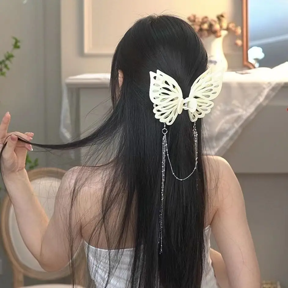 

Female Hair Accessories Large Bow Feather Hairpins Elegant Women Black Hair Clips Princess Headdress Long Tassels Hair Claw