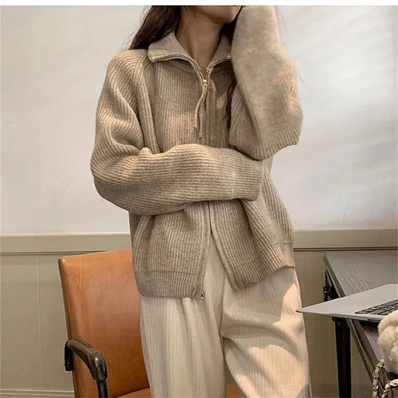 

High Quality Knitted Cardigan Jacket For Women Spring And Autumn 2023 New Thickened Lapel Zipper sSweater For Women Commuting